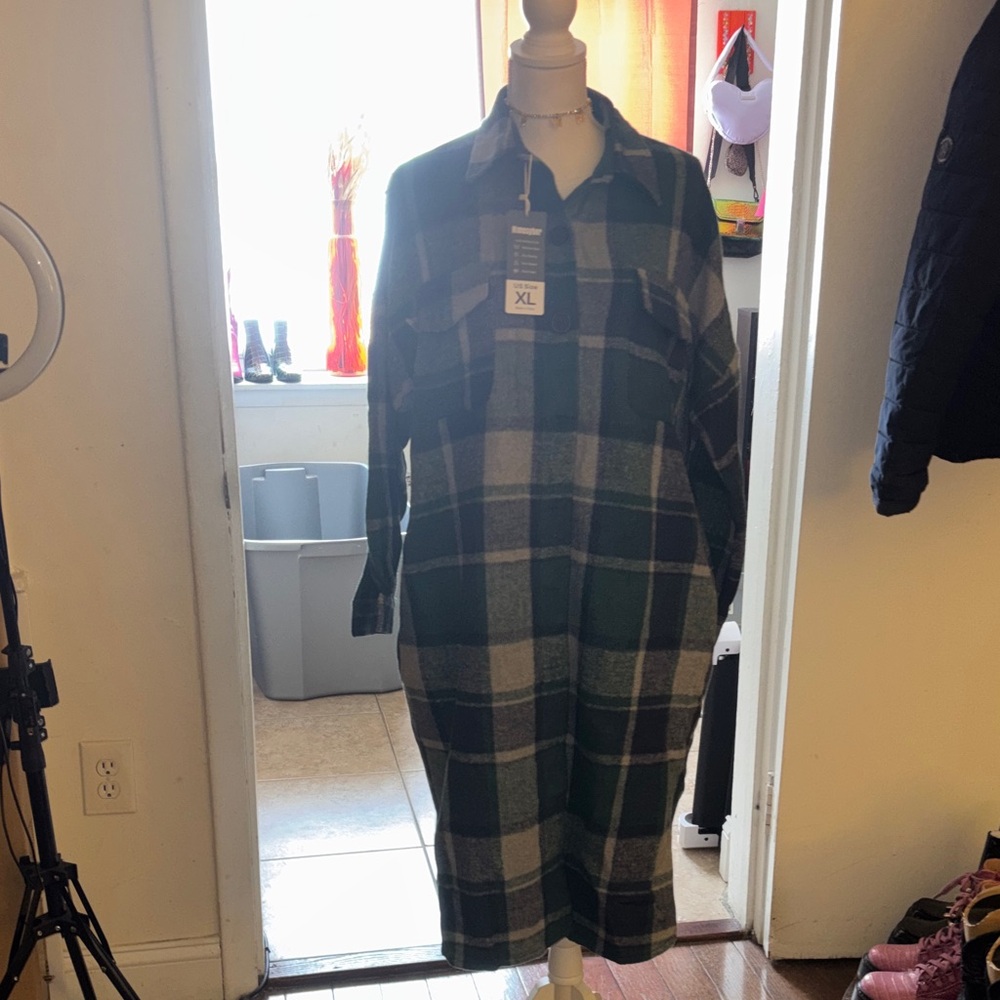 Plaid Long Sleeve Dress - Green and Gray